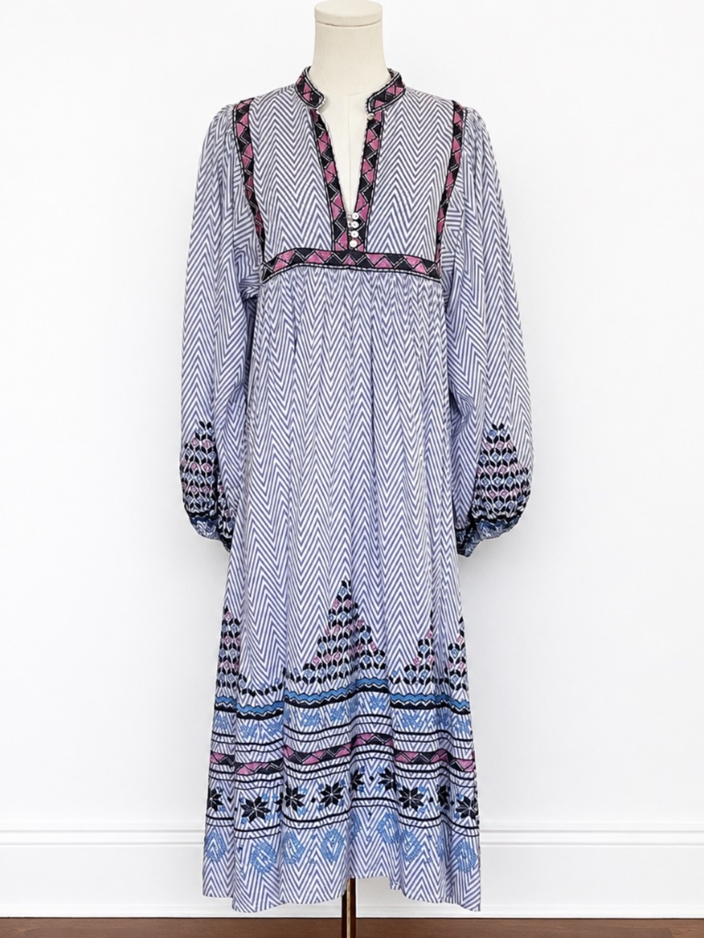 Figue S Embroidered Midi Dress Kaftan Boho Resort Bishop Sleeve Empire Waist